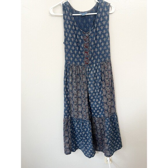 April Cornell Handblock Dress Navy Floral Patchwork Midi Pockets Medium Cottage - Picture 7 of 14